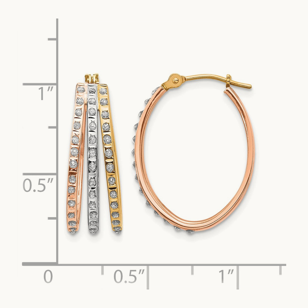Tri-color Diamond Fascination Dia. Dust/Accent Oval 3 Hoop Earrings, 14K