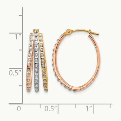 Tri-color Diamond Fascination Dia. Dust/Accent Oval 3 Hoop Earrings, 14K