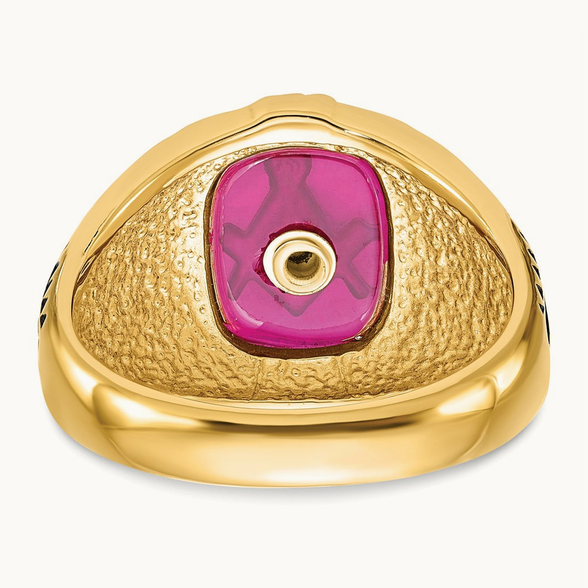 Men's Textured w/ Black Enamel & Lab Cr. Ruby Masonic Ring, 14K