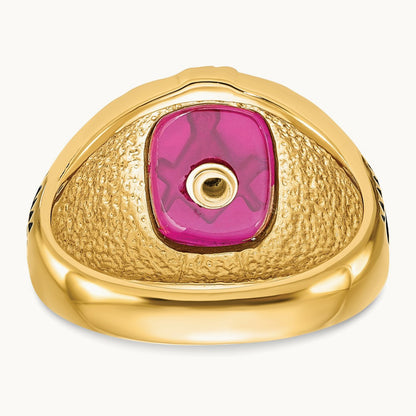 Men's Textured w/ Black Enamel & Lab Cr. Ruby Masonic Ring, 14K
