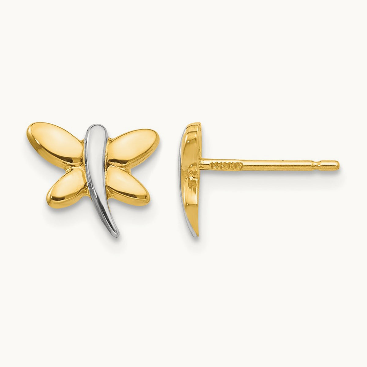 Polished Dragonfly Post Earrings, 14K with Rhodium