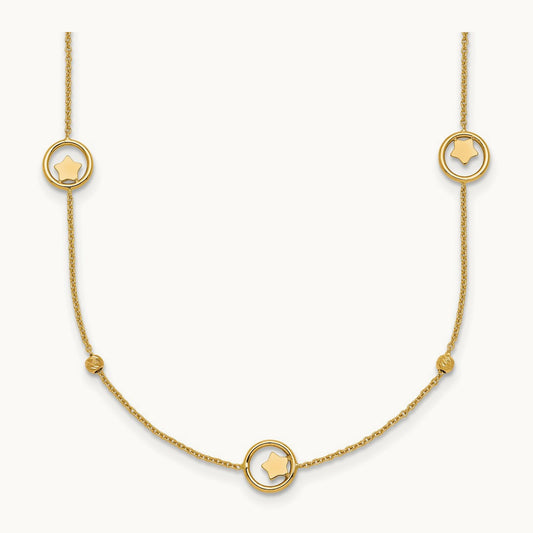 Polished Stars in Circle with D/C Beads 16.75in Necklace, 14K