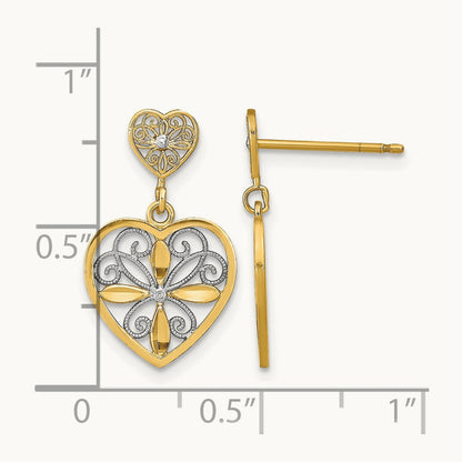 w/RH Flower and Heart Beaded Filigree Dangle Earrings, 14K
