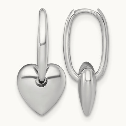 Polished Dangle Heart Hinged Hoop Earrings — 14K White Gold