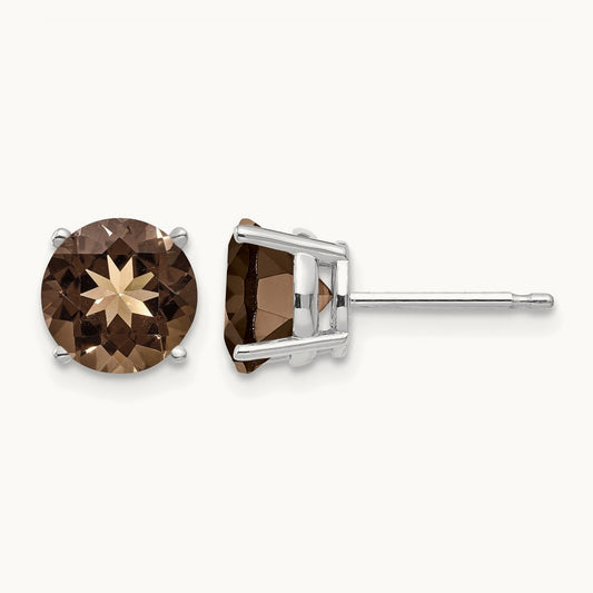 Round Smoky Quartz Earrings, 7mm, 14K White Gold