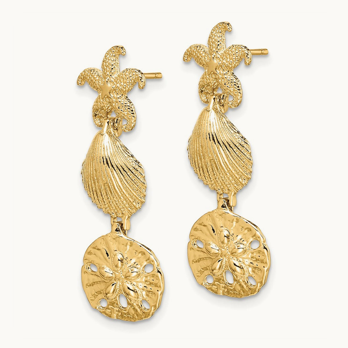 Starfish, Shell ,Sand Dollar Dangle Earrings, 14K