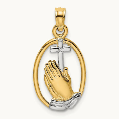 W/ Rhodium Praying Hands and Cross Charm, 14K