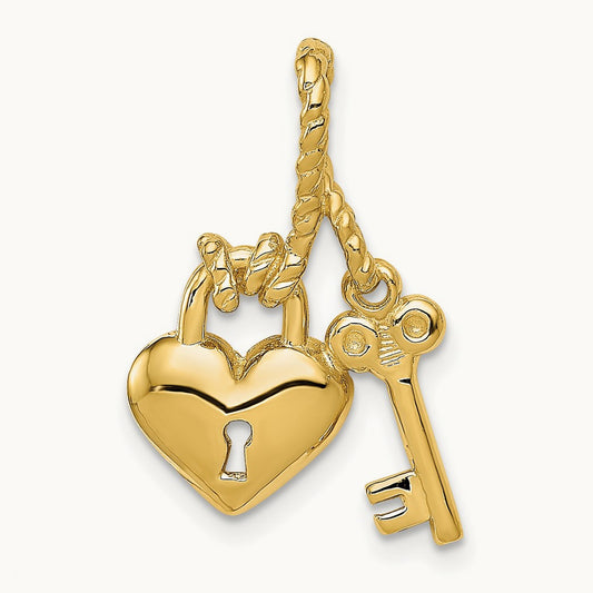 Polished Key Tied to Heart Lock Charm, 14K