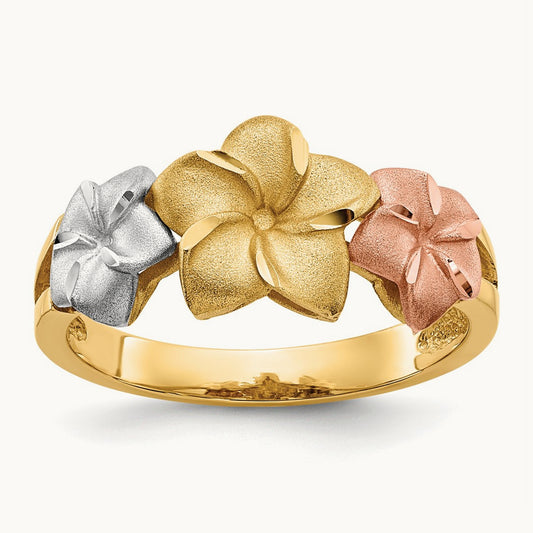Tri-color Plumeria Ring, 14K