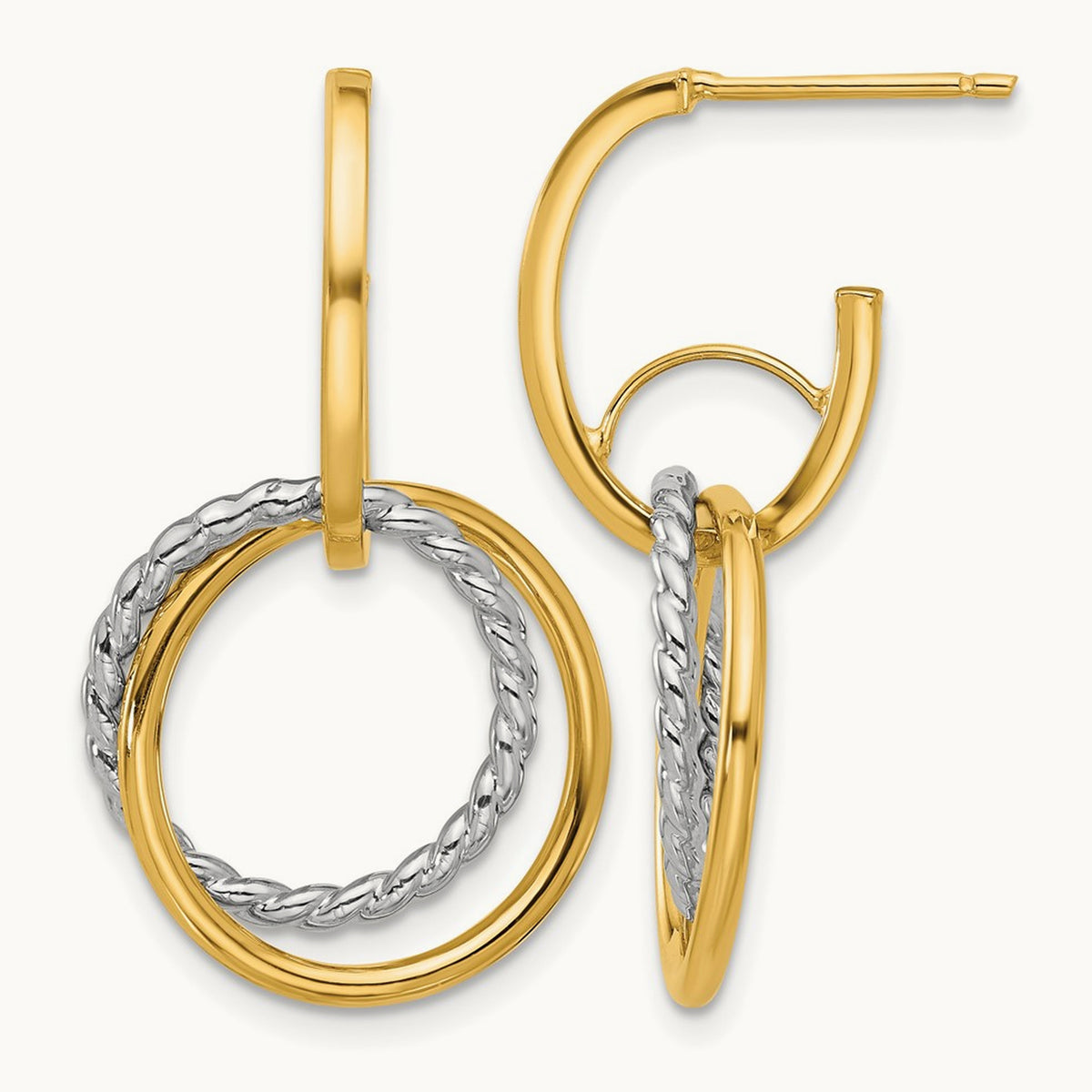 w/Rhodium Polished/Twisted Circles J-Hoop Post Earrings, 14K — Leslie's