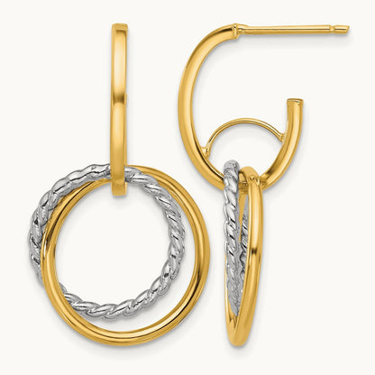 w/Rhodium Polished/Twisted Circles J-Hoop Post Earrings, 14K — Leslie's