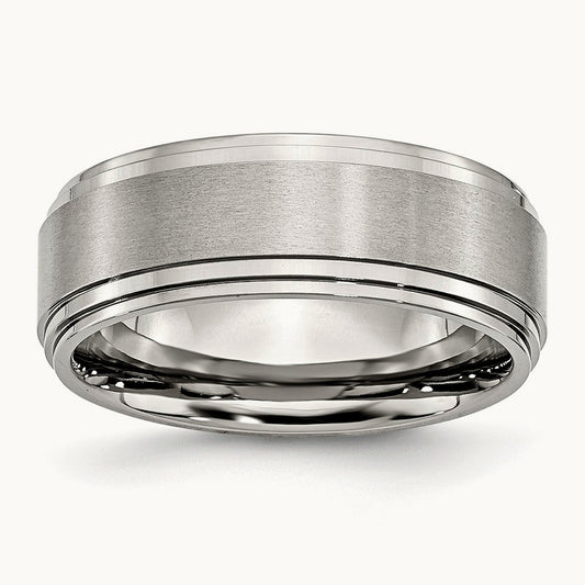 Polished w/Brushed Center Ridged Edge Band, 8mm, Stainless Steel