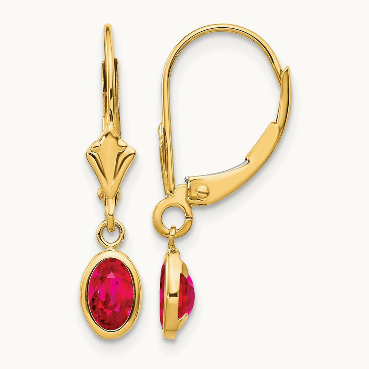 6x4 Oval Bezel July/Ruby Leverback Earrings — 14K Yellow Gold