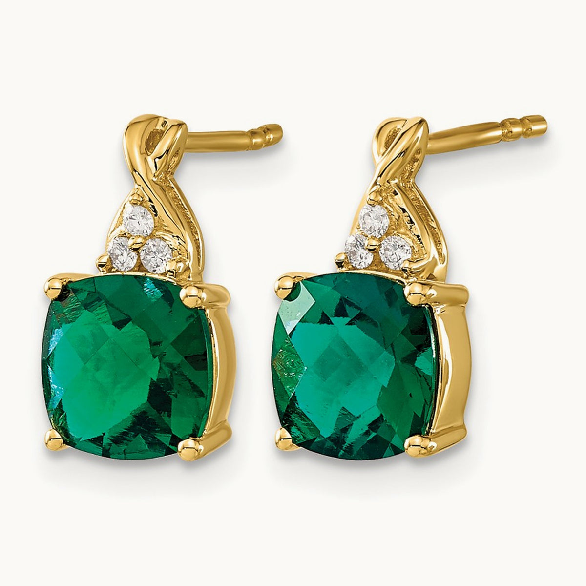Checkerboard Created Emerald and Lab-Grown Diamond Earrings — 14K Yellow Gold