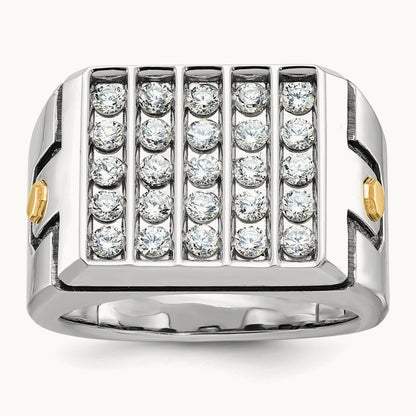 14ktt w/ Blk RH IBGoodman Men's Grooved 5-Row Cluster AA Dia Ring