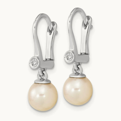 7- Round White Saltwater Akoya Pearl .05ct Dangle Earring, 8mm, 14K White Gold
