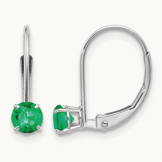 Round May/Emerald Leverback Earrings — 14K White Gold