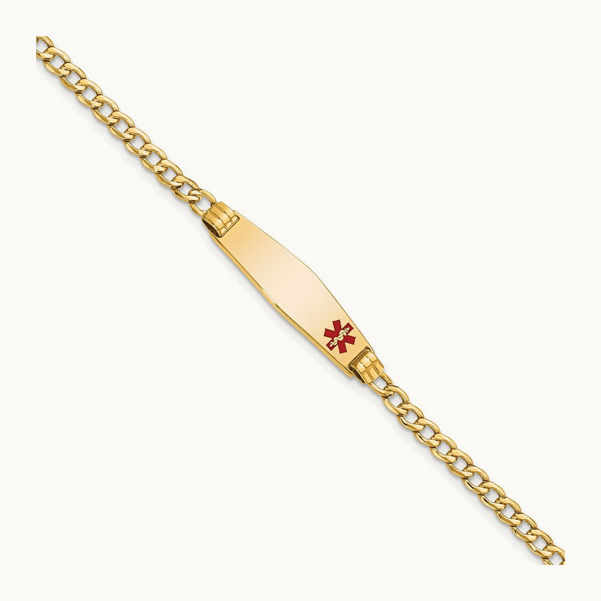 Medical Semi-Solid Soft Diamond Shape Red Enamel ID Cuban ID Bracelet, 14K
