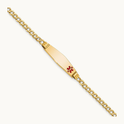 Medical Semi-Solid Soft Diamond Shape Red Enamel ID Cuban ID Bracelet, 14K