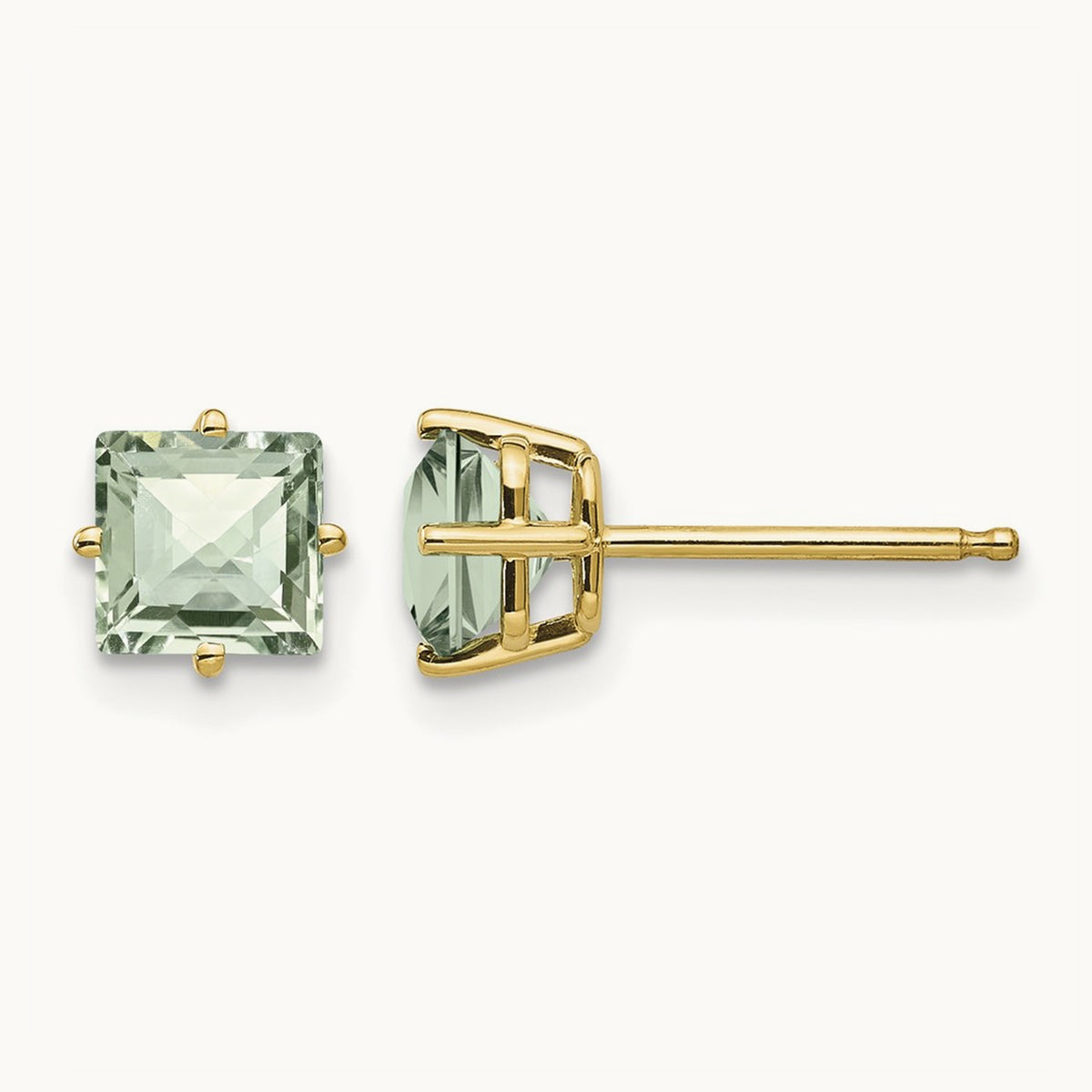 Square Checker-Cut Green Quartz Earrings, 5mm, 14K