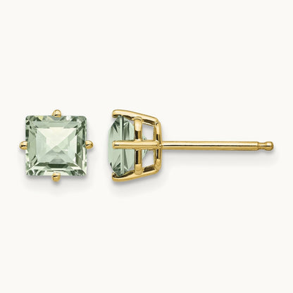 Square Checker-Cut Green Quartz Earrings, 5mm, 14K