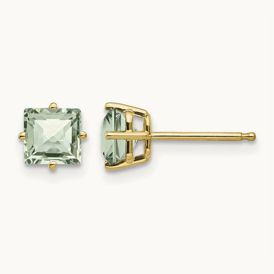 Square Checker-Cut Green Quartz Earrings, 5mm, 14K