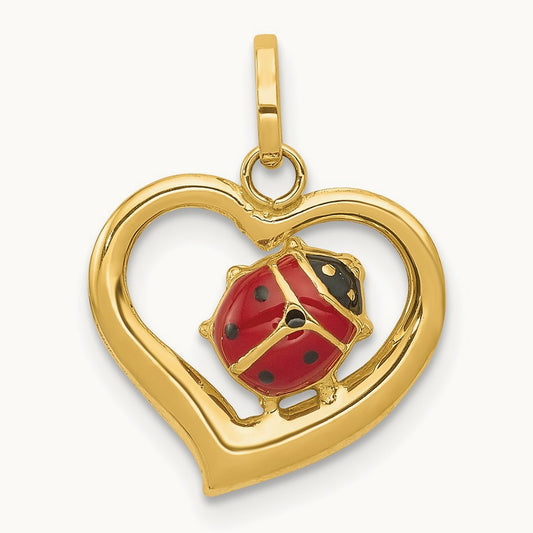 Enameled Ladybug in Heart Charm, 14K