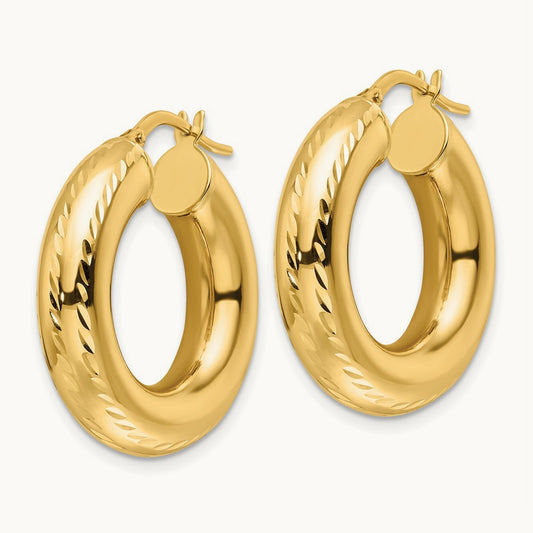 Polished Diamond-cut Hollow Round Hoop Earrings, 6mm, 14K