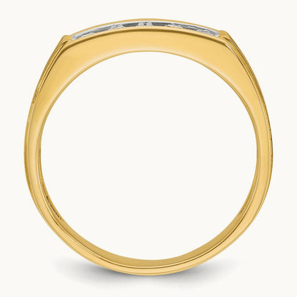 Men's Polished Satin Grooved 2-Row Diamond Ring — 14K Yellow Gold