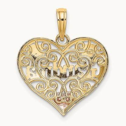 Rhodium GRANDMA In Filigree Heart Charm, 14K Two-tone White
