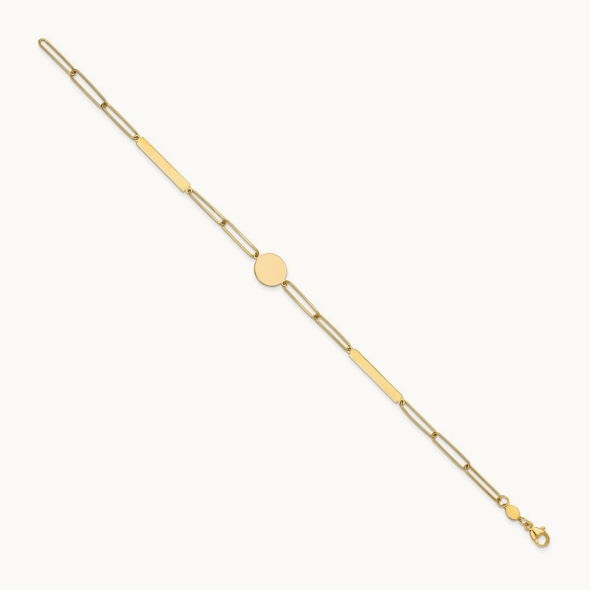Polished Paperclip Link with Circle and Bar 8.25in Bracelet, 14K