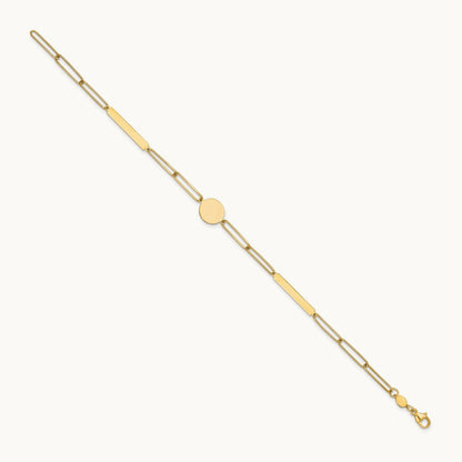 Polished Paperclip Link with Circle and Bar 8.25in Bracelet, 14K