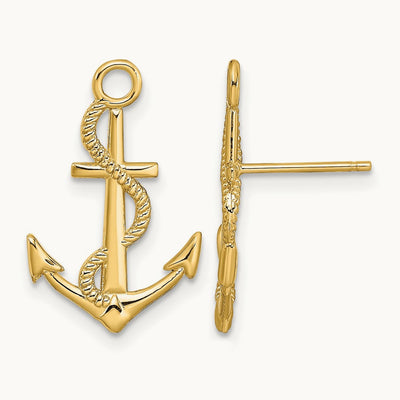 Polished / Textured Anchor W/ Rope Post Earrings, 14K