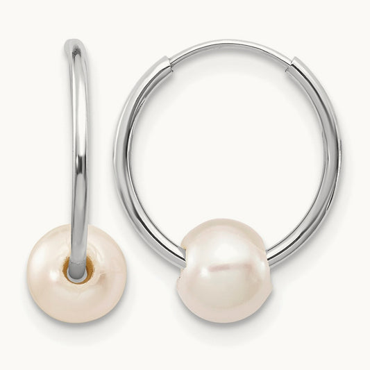 5- White Freshwater Cultured Pearl Endless Hoop Earrings, 6mm, 14K White Gold