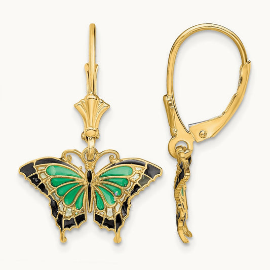 Butterfly w/ Green Enameled Wings Leverback Earrings, 14K