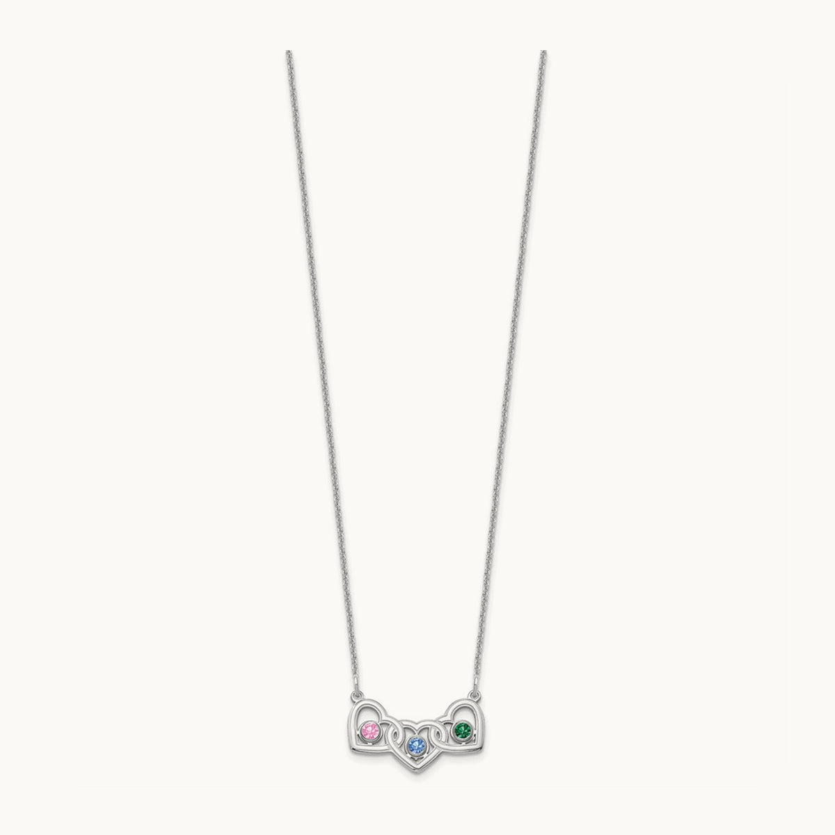 3 Hearts 3 Birthstones w/ 18k Rhodium Plated Bezels Necklace, 14K White Gold