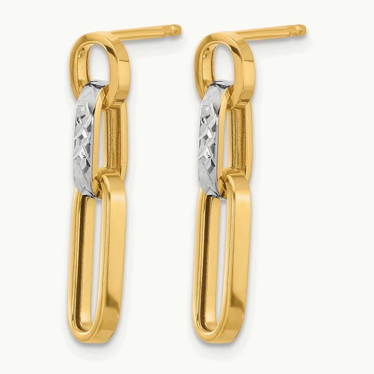 Polished and Diamond-cut Link Dangle Post Earrings — 10K Two-Tone Gold