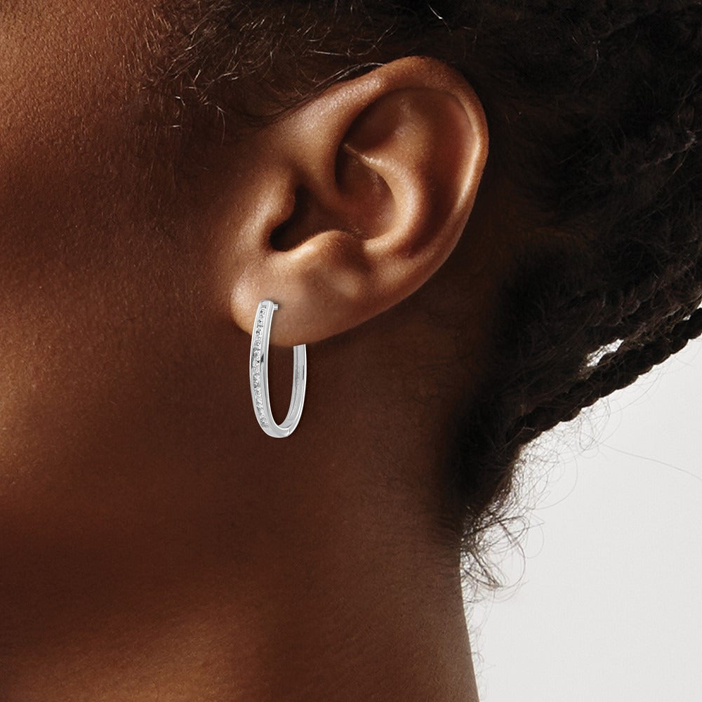 Diamond Oval Hinged Hoop Earrings — 14K White Gold, 13mm