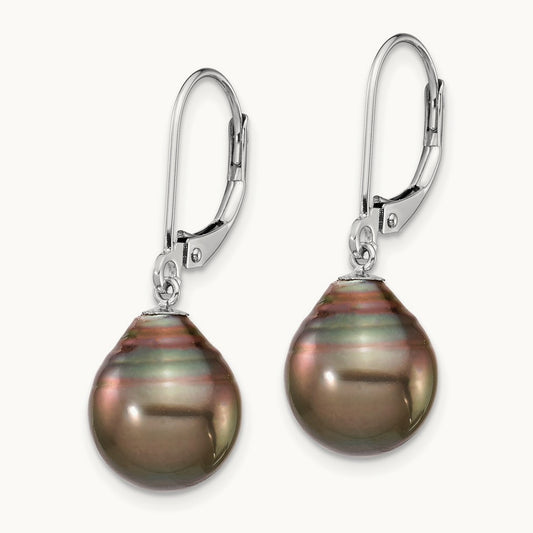 WG 10- Teardrop Saltwater Cultured Tahitian Leverback Earrings, 11mm, 14K