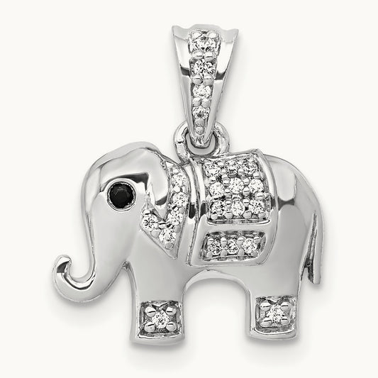 Black/White Diamond Elephant Pendant, 14K White Gold