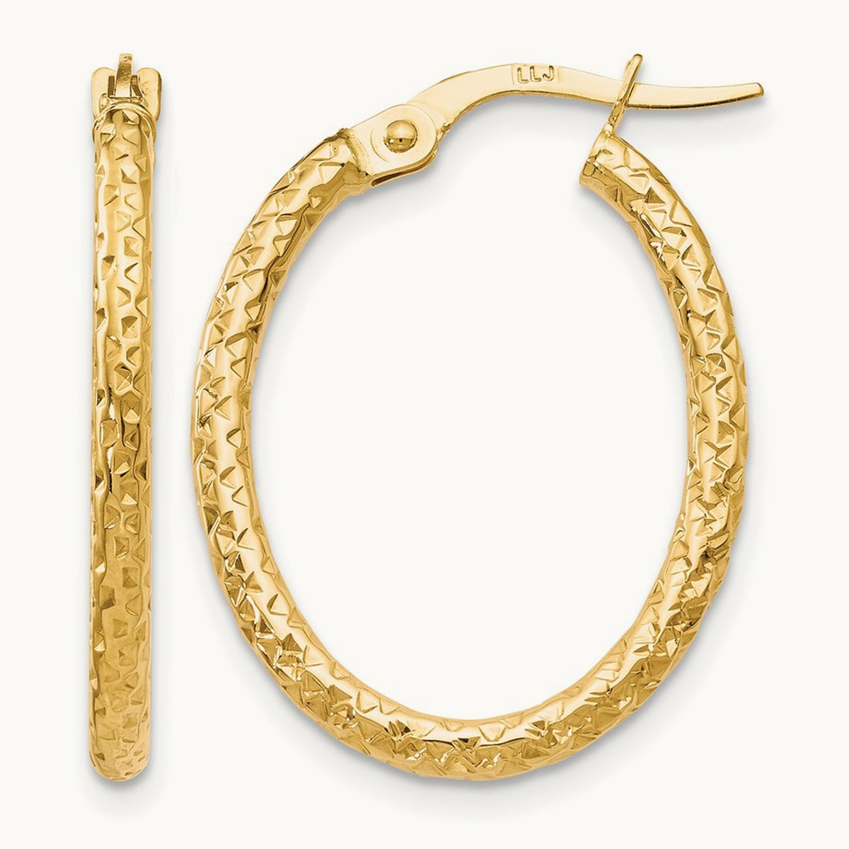 Polished Diamond-cut Oval Hoop Earrings — 10K Yellow Gold
