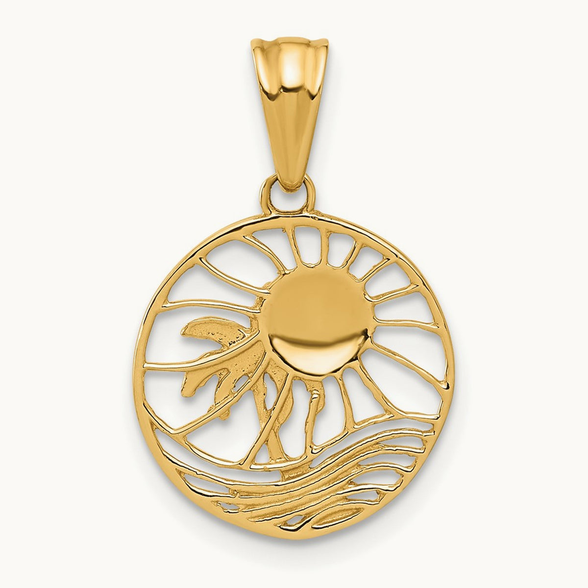 Ocean and Palm Tree Round Pendant, 14K with White Rhodium