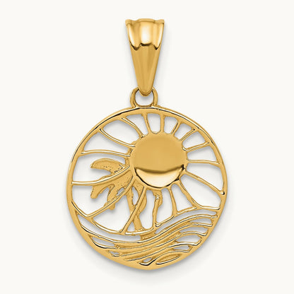 Ocean and Palm Tree Round Pendant, 14K with White Rhodium