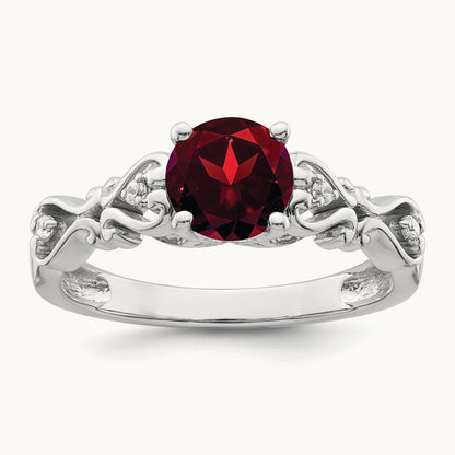 Polished Garnet and Diamond Ring, 14K White Gold