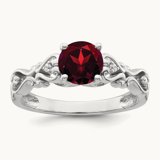 Polished Garnet and Diamond Ring, 14K White Gold