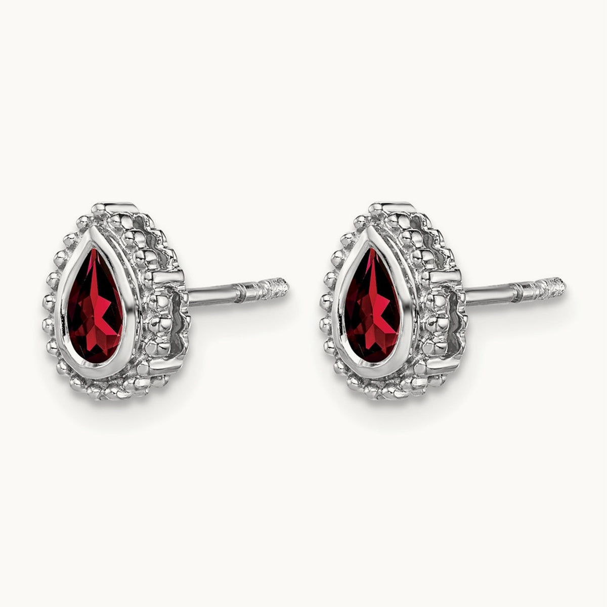 Pear Garnet Post Earrings — 14K White Gold
