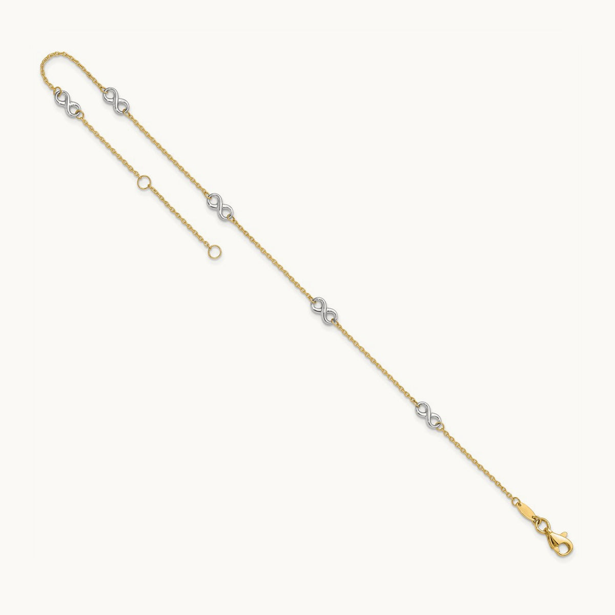 Polished Infinity 9in Plus 1 in ext. Anklet, 14K Two-tone