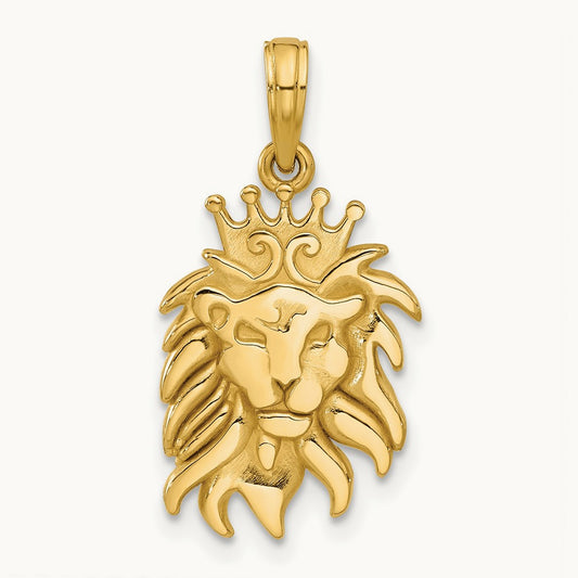 Polished Lion Head with Crown Pendant, 14K