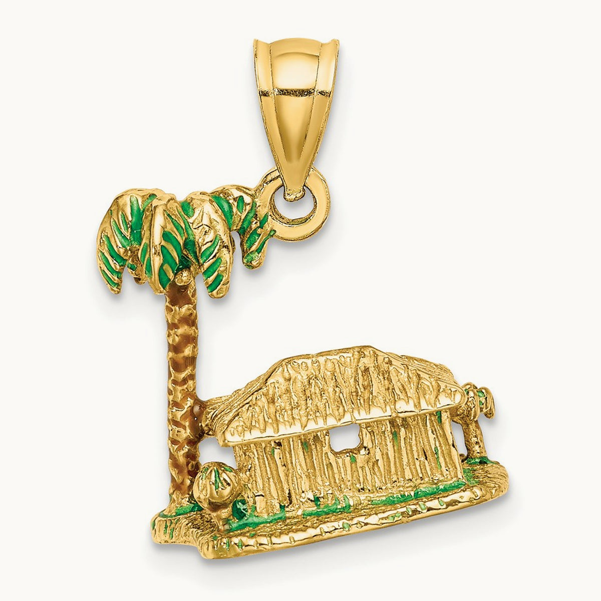 3-D W/Enamel Palm Tree and Hut Charm, 14K