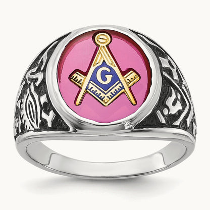 Men's Antiqued & Textured with Lab Created Ruby Masonic Ring — 14K White Gold